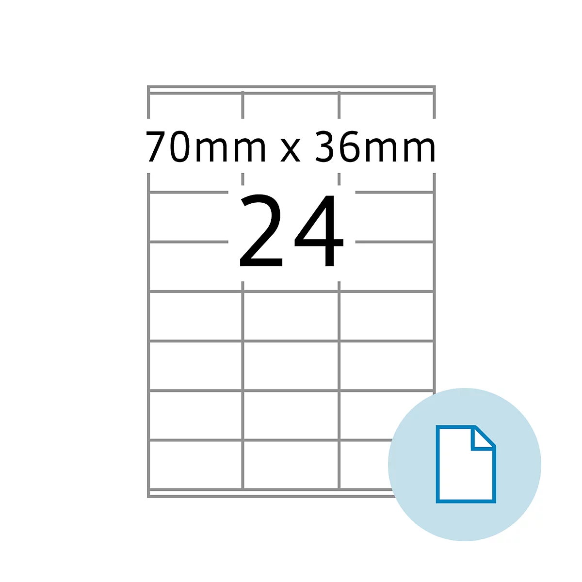 Labels met 24 velden, afmetingen 70mm x 36mm, klein documentpictogram.