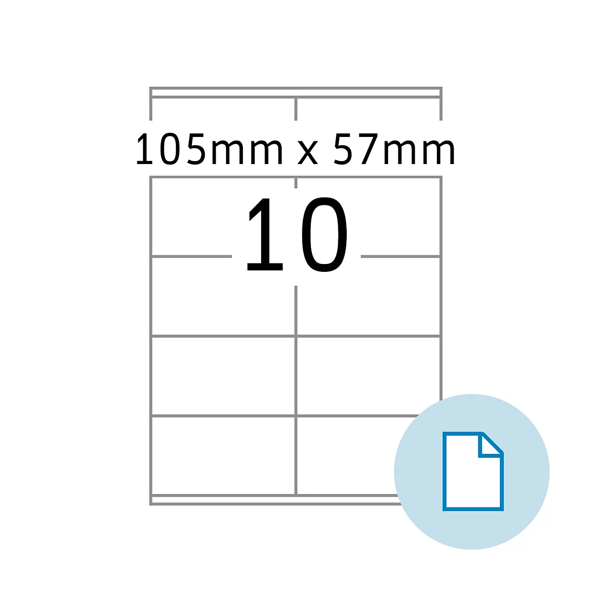 Label met de inscriptie 10 omgeven door een kader. Bovenaan staat 105mm x 57mm.
