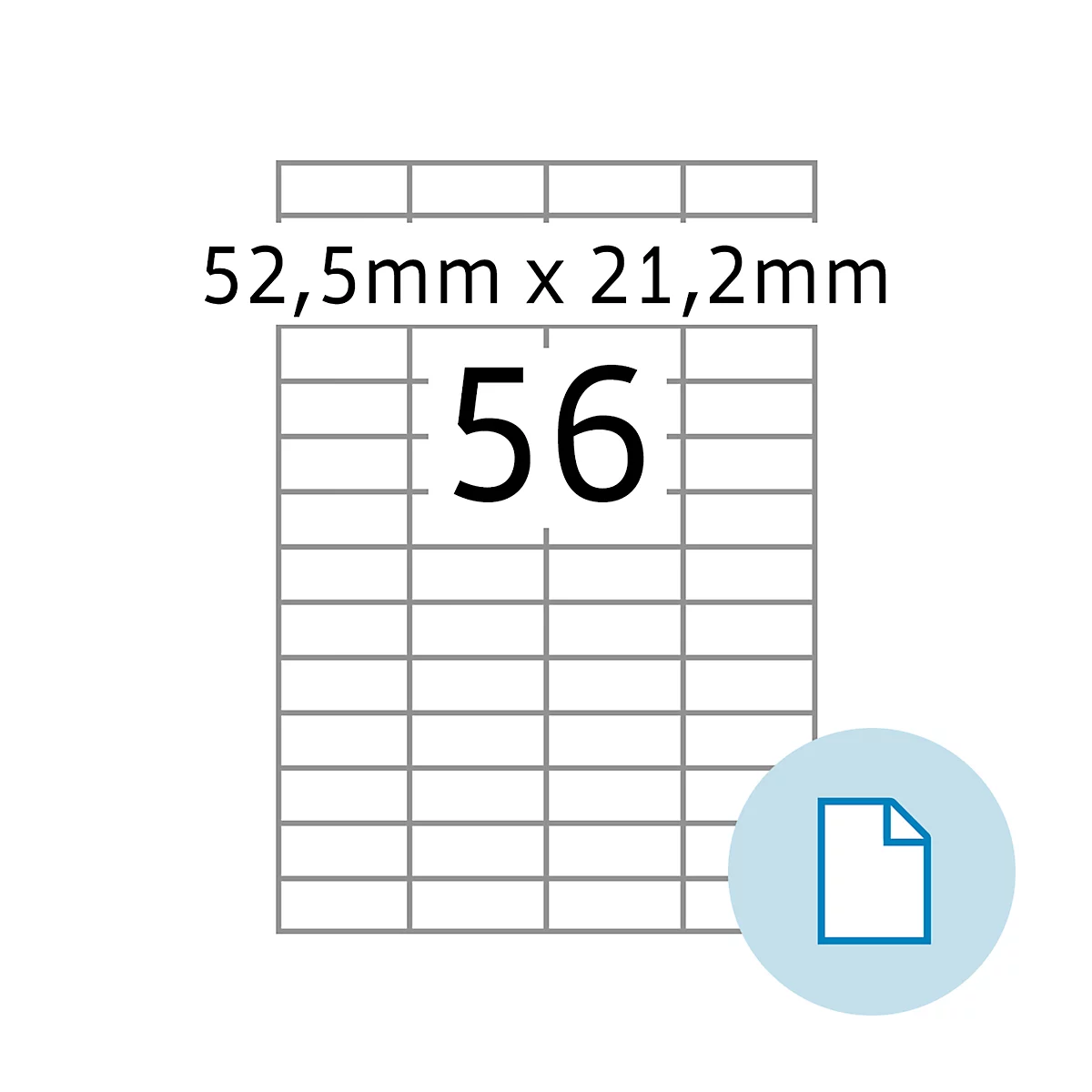 Sticker met nummer 56, met een raster van lijnen eronder. Boven staat: 52,5 mm x 21,2 mm. Een documentpictogram is rechts zichtbaar.