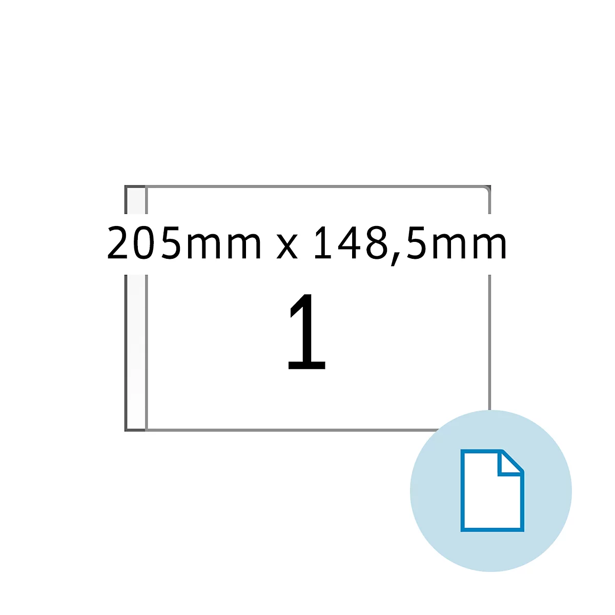 Rechthoek met opschrift: 205mm x 148,5mm, getal 1, documentsymbool.