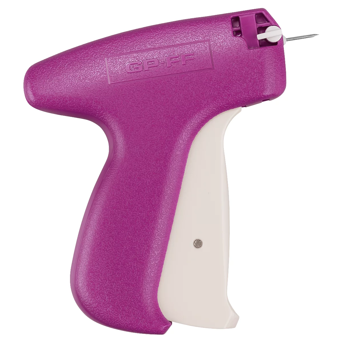 Violette Textiletikettiermaschine. Weißer Griff, Metallnadel ragt heraus. Aufdruck: GF-FF.