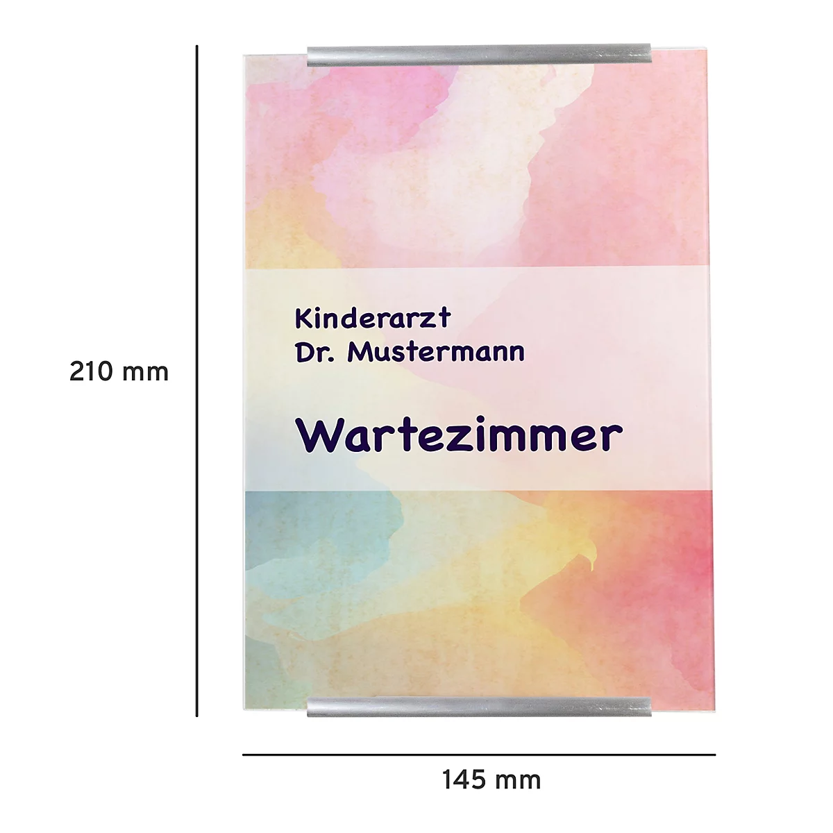 Un letrero rectangular con texto. En la parte superior dice "Pediatra Dr. Mustermann", debajo "Sala de espera". El fondo es acuarela en rosa, morado y amarillo.