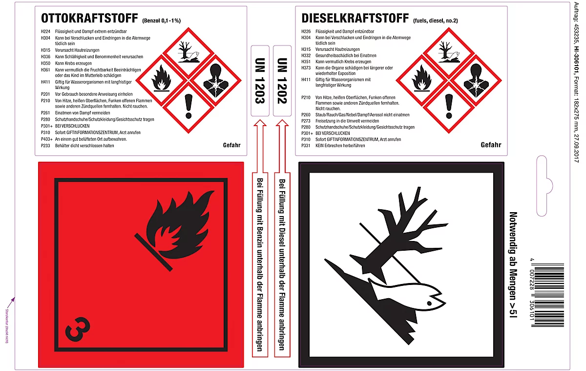 Etiquetas adhesivas para bidones de gasolina y gasóleo, conforme al SGA/CLP, 1 hoja con 4 etiquetas, blanco/rojo/negro brillante