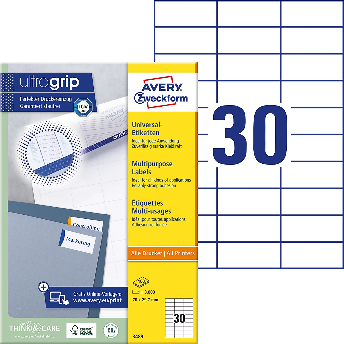 Etiquetas Avery® Zweckform 3489, A4, universales, adhesivo permanente, ultragrip, aptas para impresión, papel FSC®, rectangulares, blancas, 3000 unidades en 100 hojas