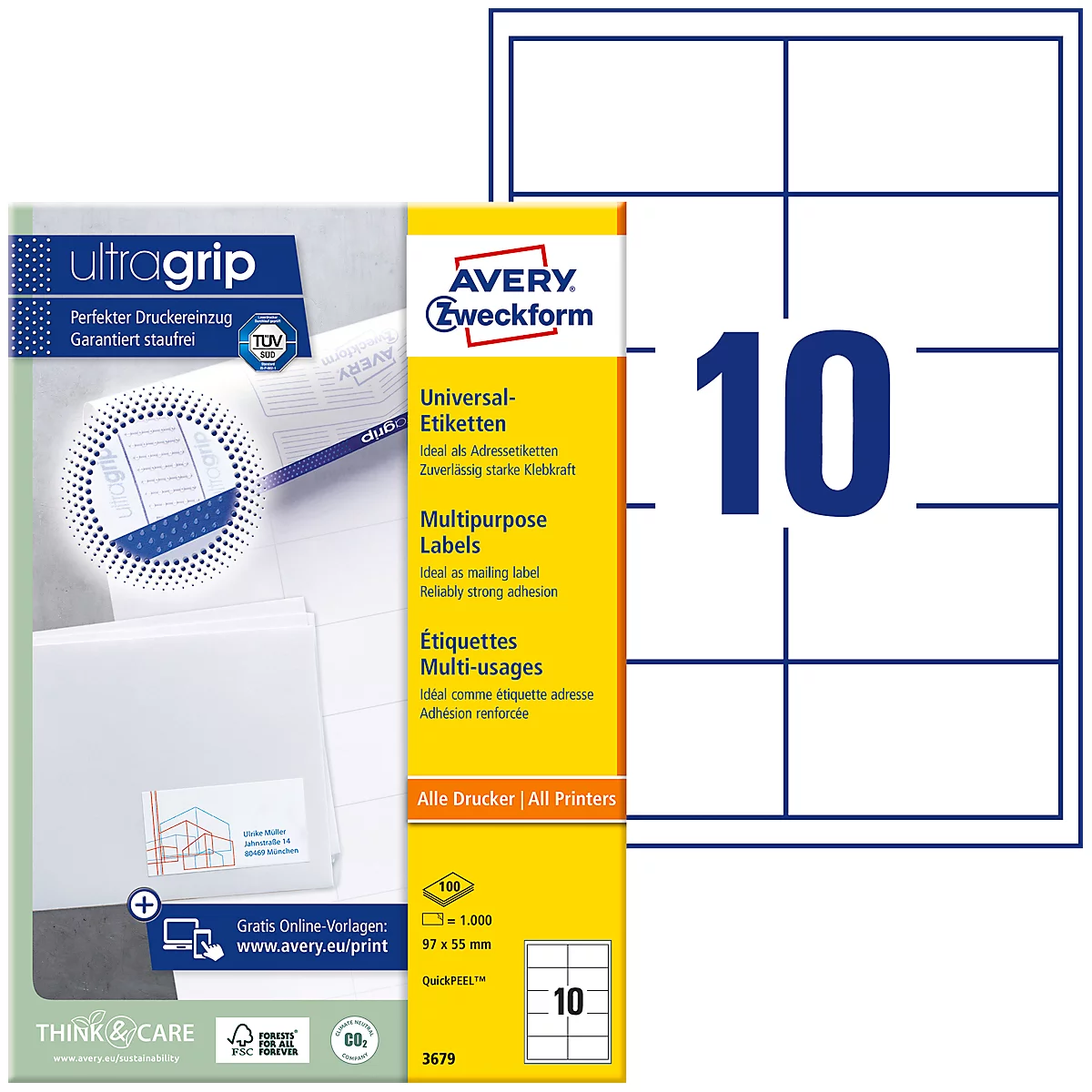 Etiquetas Avery® Zweckform 3679, A4, universales, adhesivo permanente, ultragrip, aptas para impresión, papel FSC®, rectangulares, blancas, 1000 unidades en 100 hojas