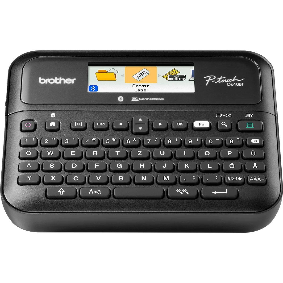 Étiqueteuse Brother P-touch noire avec clavier et écran. L'écran affiche "Create Label".