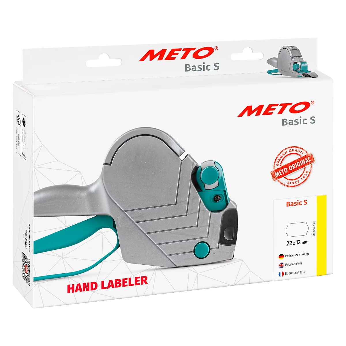 Étiqueteuse grise et verte METO Basic S dans son emballage. Impressions : Meto, Basic S, Hand Labeler.