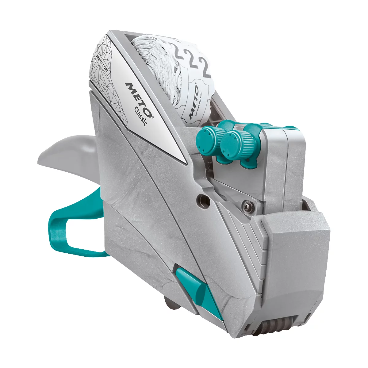 Machine d'étiquetage grise et blanche, détails turquoise. Impression "METO Classic". Rouleaux d'étiquettes à l'intérieur.