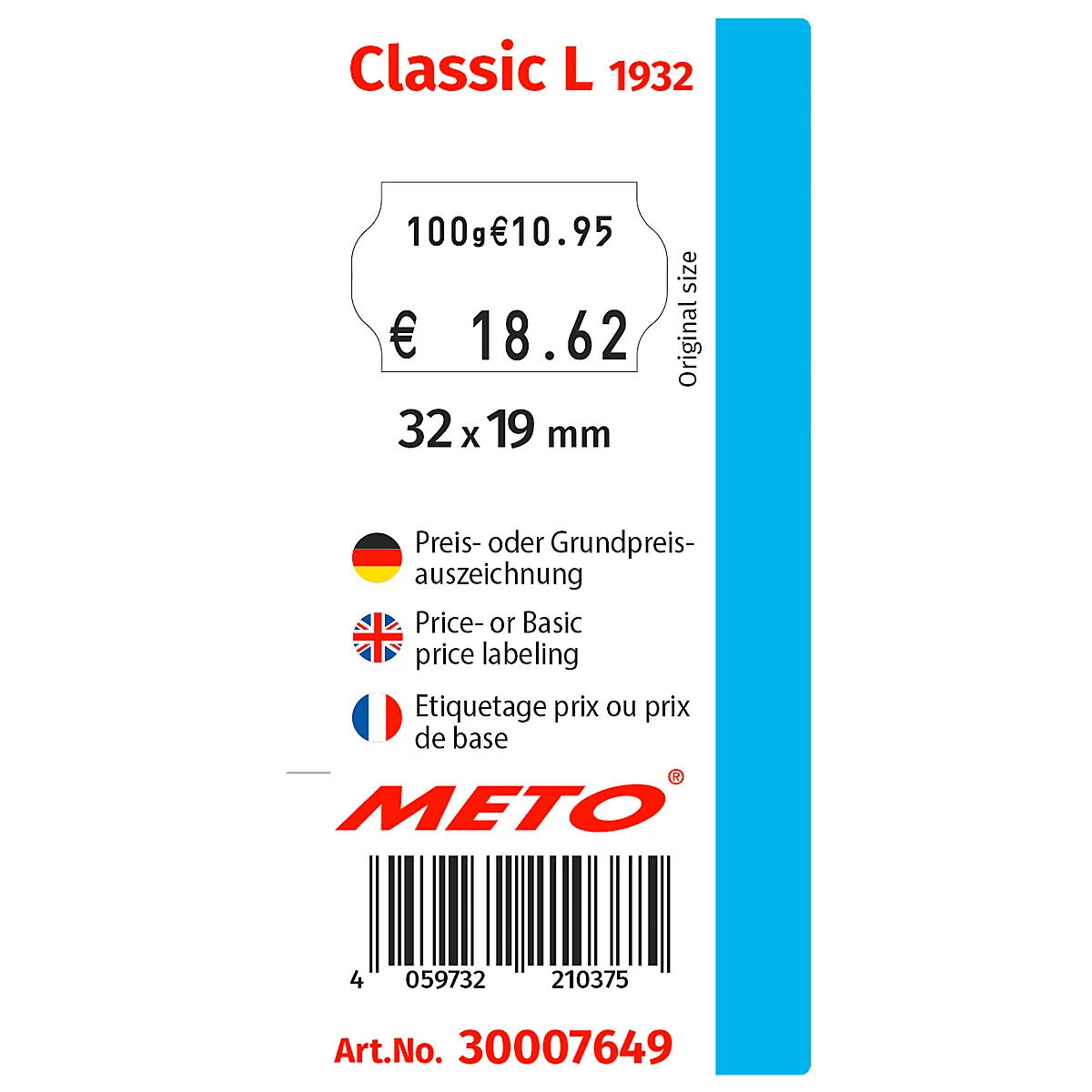 Étiquette de prix avec informations: "Classic L 1932", détails du prix, taille, étiquetage multilingue et code-barres.