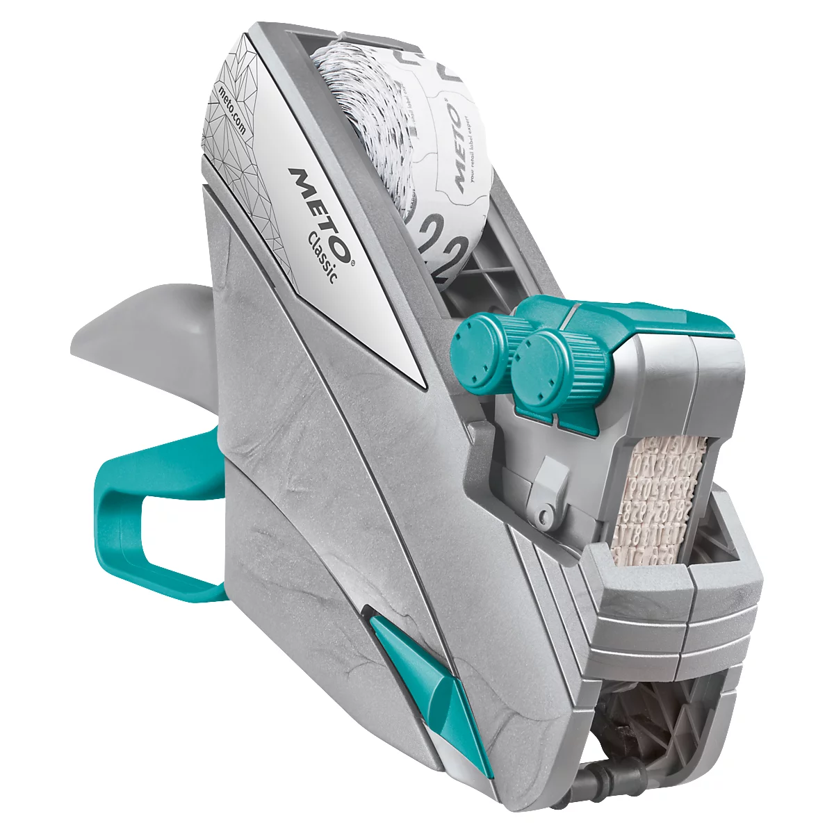 Étiqueteuse Meto Classic grise et sarcelle. Imprimé : Meto Classic, 22. Des étiquettes blanches sont sur le rouleau.
