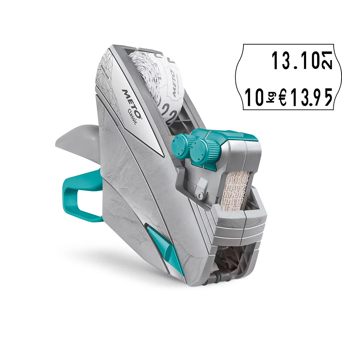 Marqueur de prix gris avec des accents turquoise et une étiquette de prix en arrière-plan.