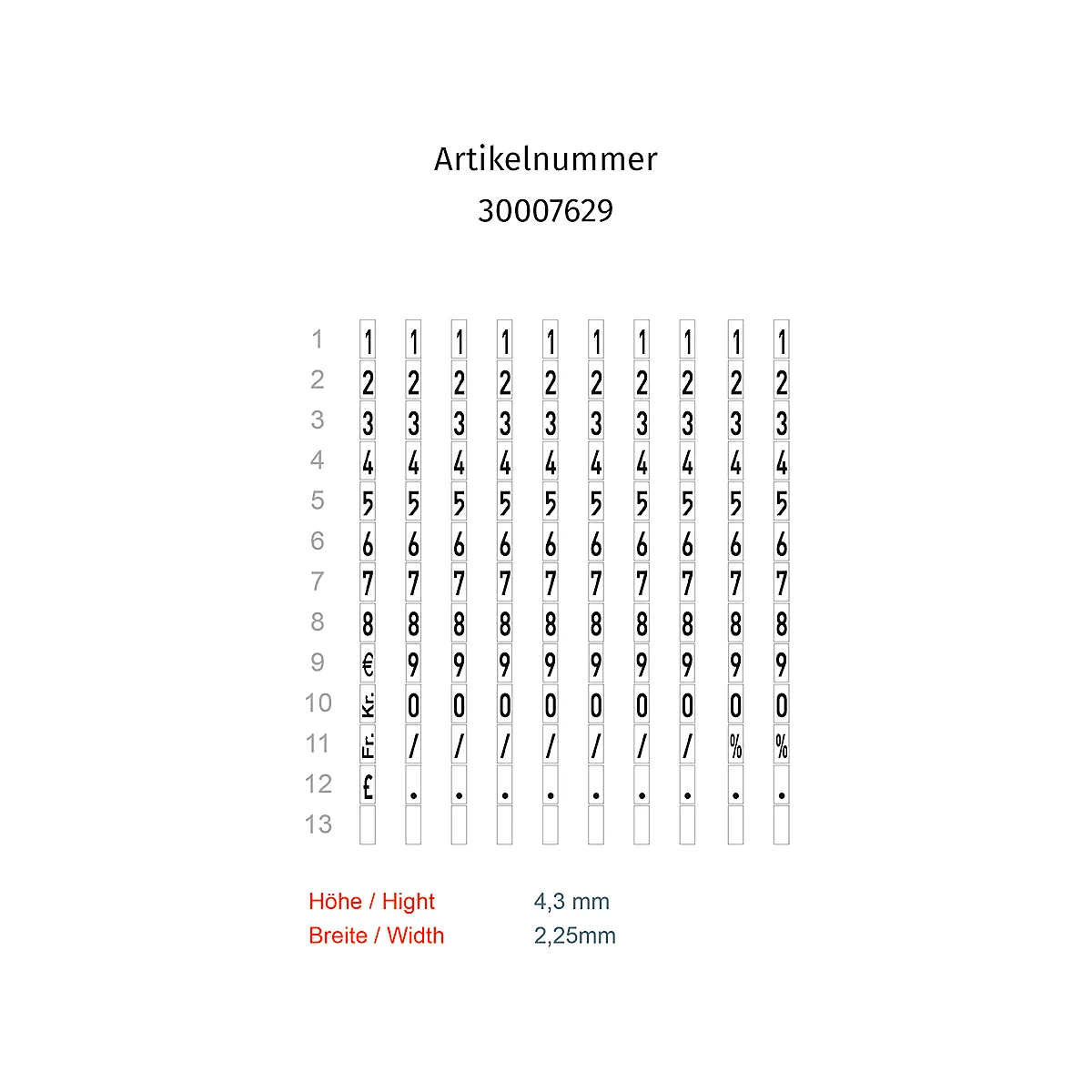 Tableau avec chiffres et symboles. Numéro d'article 30007629, chiffres de 1 à 9 et caractères spéciaux. Dimensions: hauteur 4,3 mm, largeur 2,25 mm.