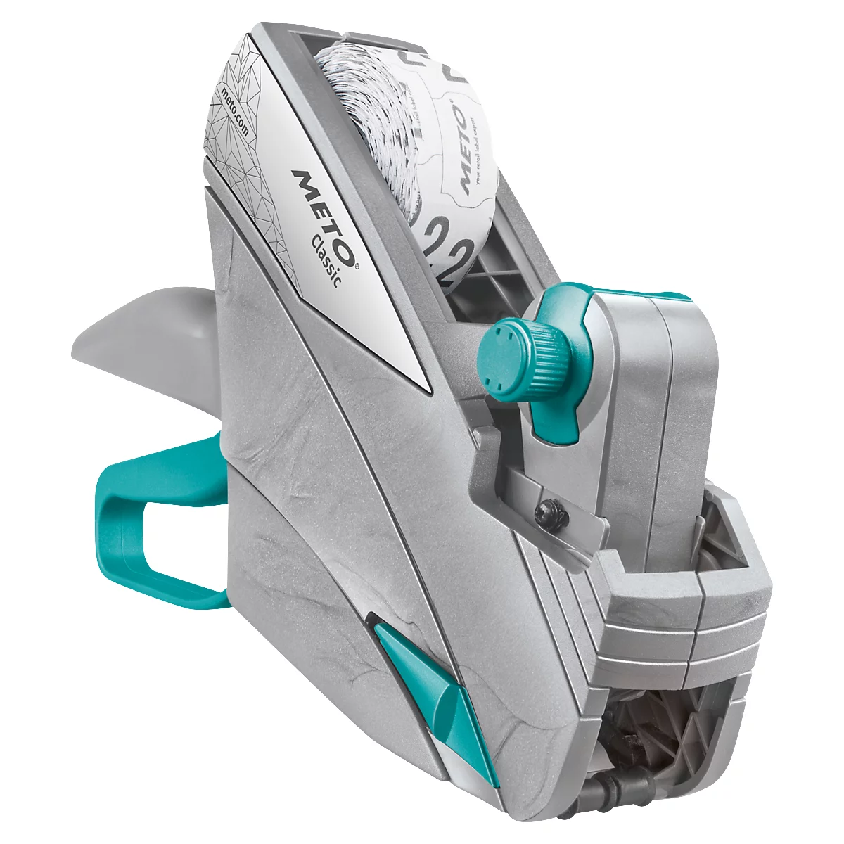 Marqueur de prix gris avec des accents turquoise, avec lettrage METO Classic dessus. Un rouleau d'étiquettes est inséré.