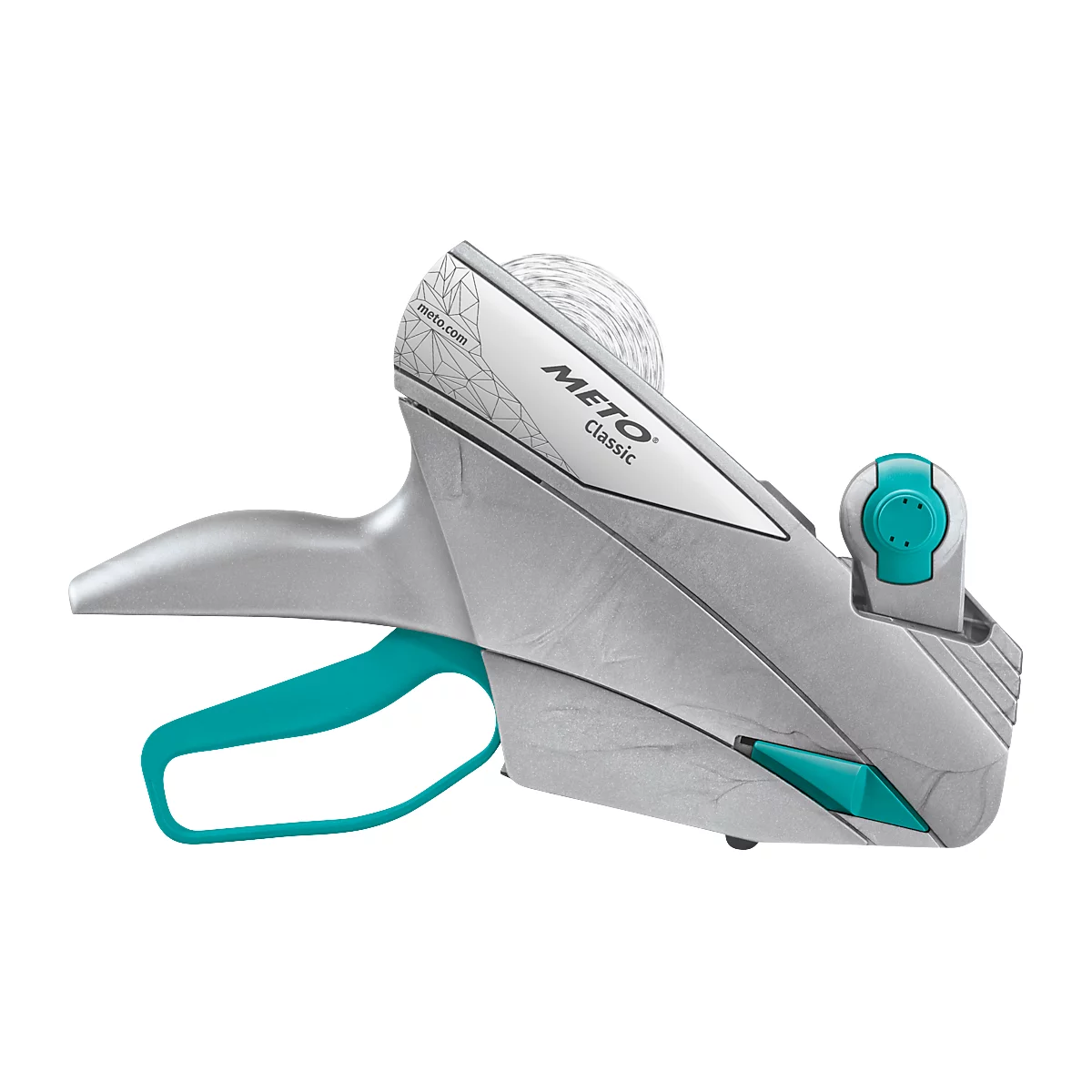 Une machine d'étiquetage de prix grise et turquoise de la marque Meto.