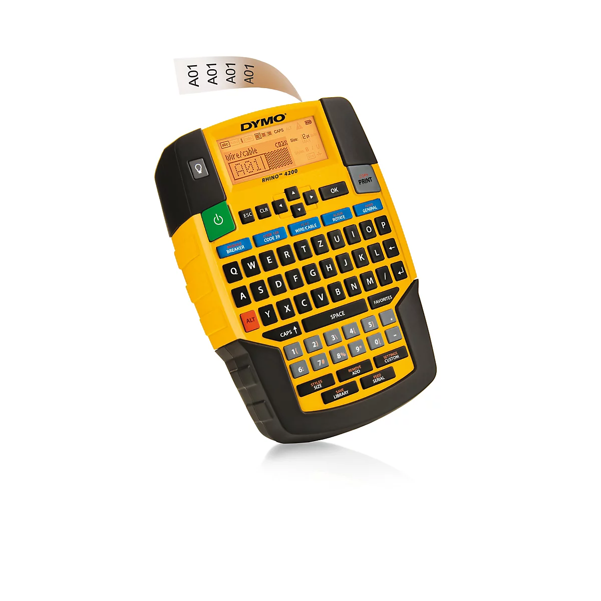 Étiqueteuse Dymo jaune et noire avec clavier QWERTY et écran, imprimant une étiquette A01.