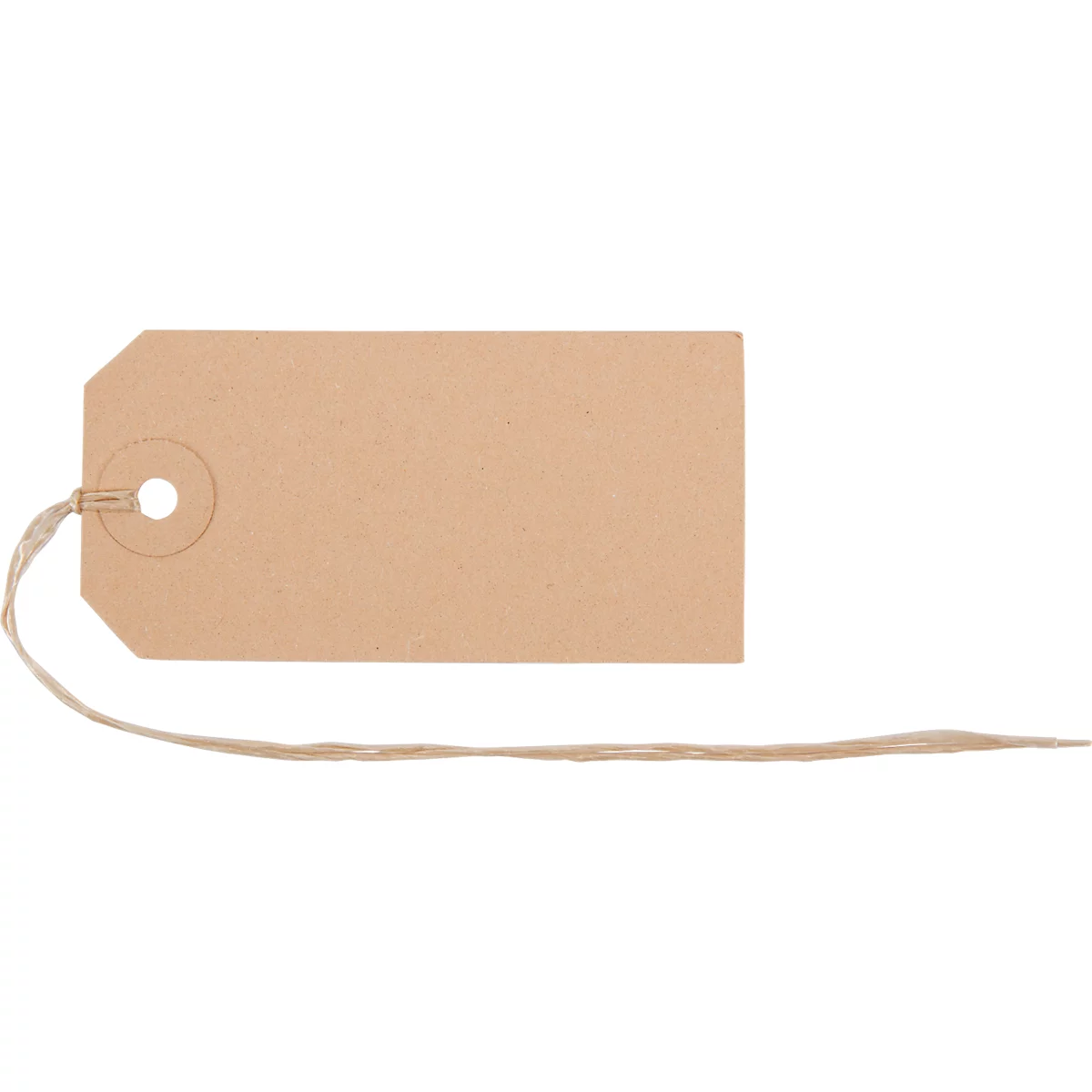 Étiquette en papier marron avec ficelle, forme rectangulaire avec coins arrondis et un trou.
