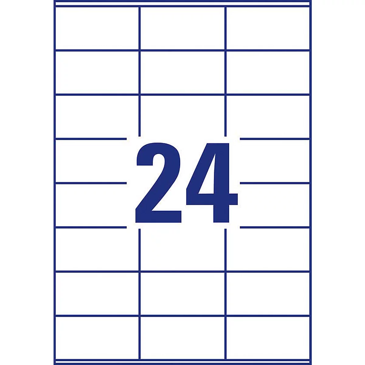 Feuille d'étiquettes avec 24 champs, cadres bleus et le numéro "24".