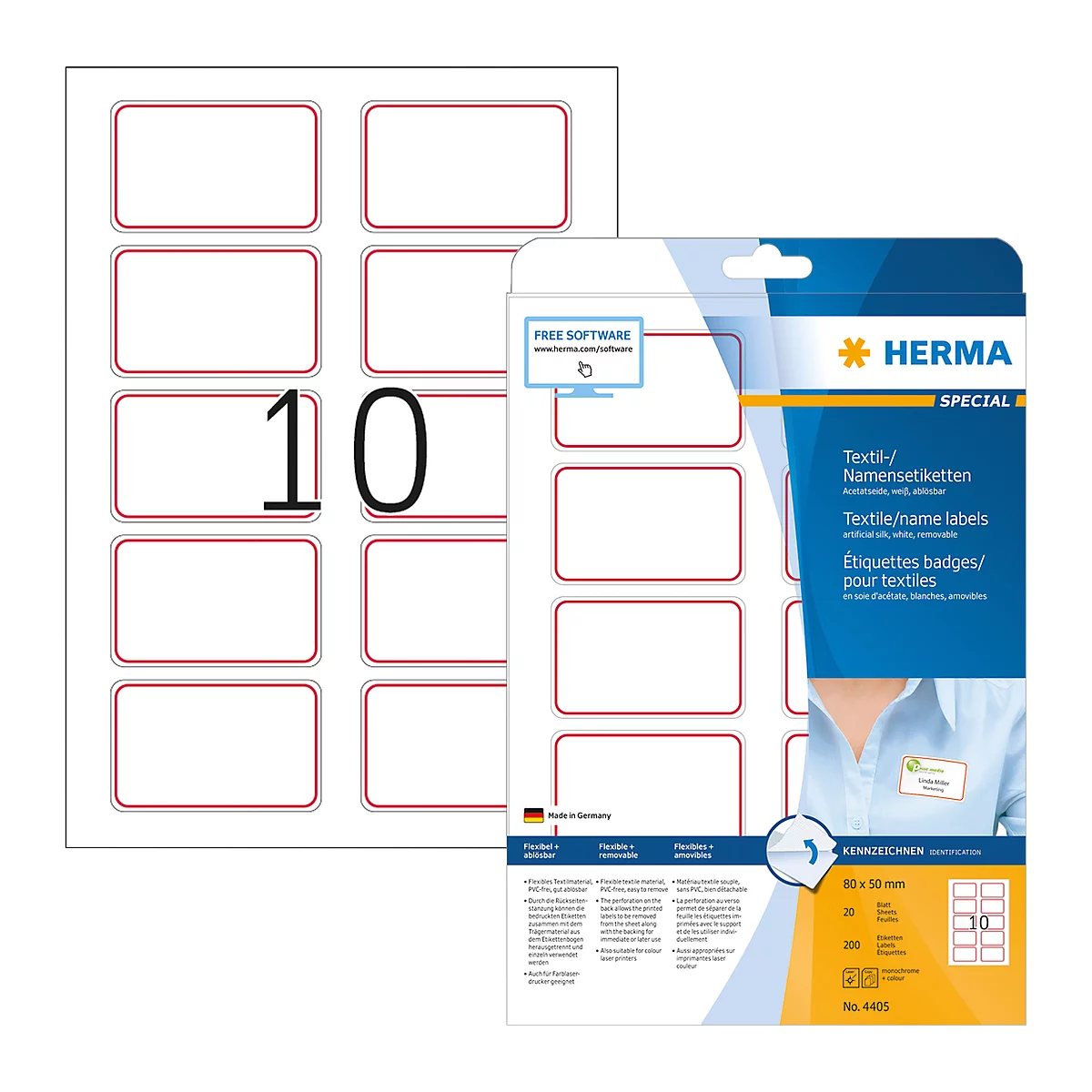 Feuilles avec étiquettes nominatives et emballage de Herma. Impressions : 10, textes, logos et informations de taille.