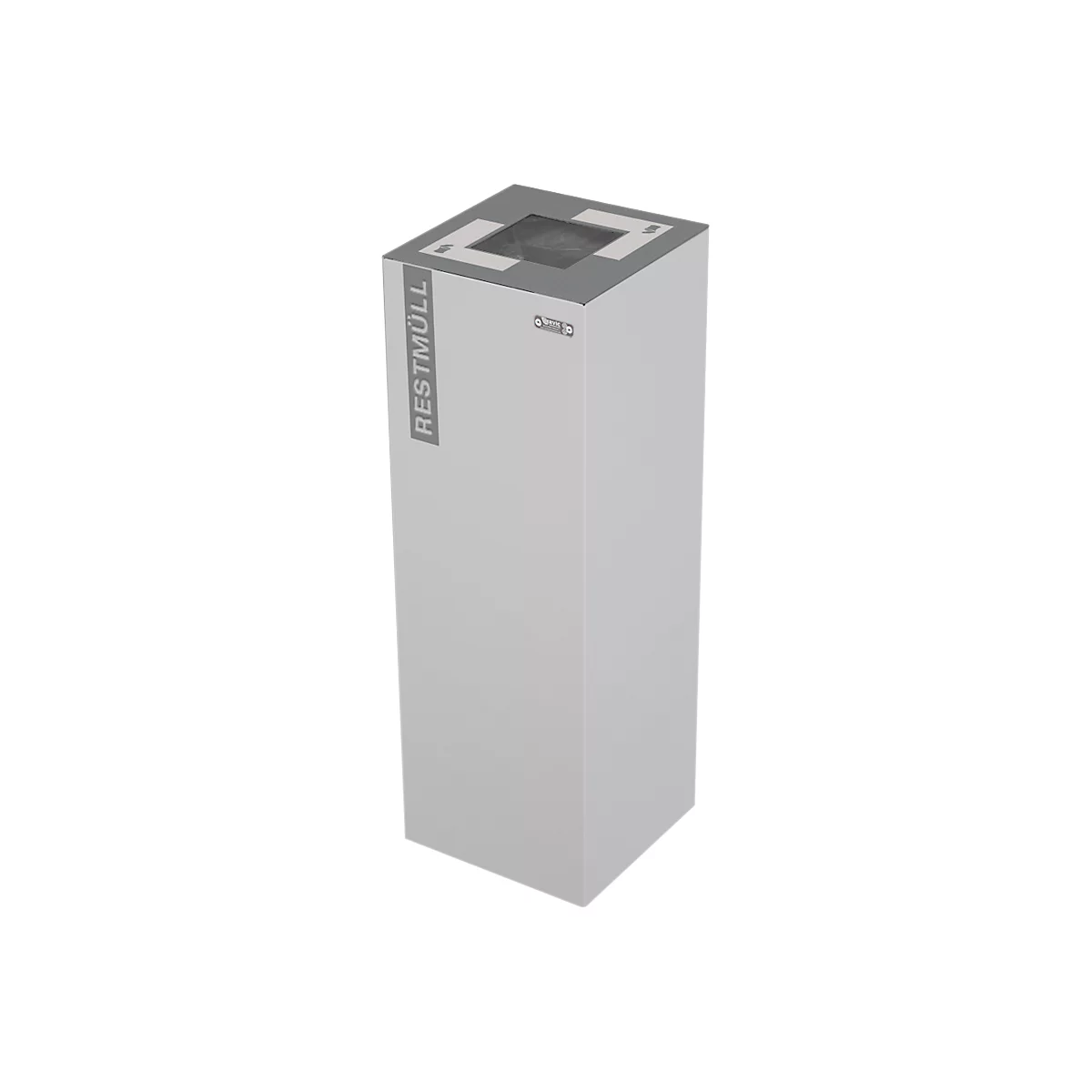 Poubelle grise et rectangulaire avec l'inscription "RESTMÜLL". Dessus avec ouverture et couvercle gris.