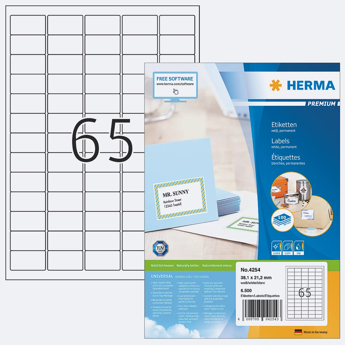 Une feuille d'étiquettes avec 65 étiquettes, à côté d'un paquet d'étiquettes imprimées. Le paquet fait la promotion de "HERMA Premium" et contient des étiquettes et l'inscription "FREE SOFTWARE".