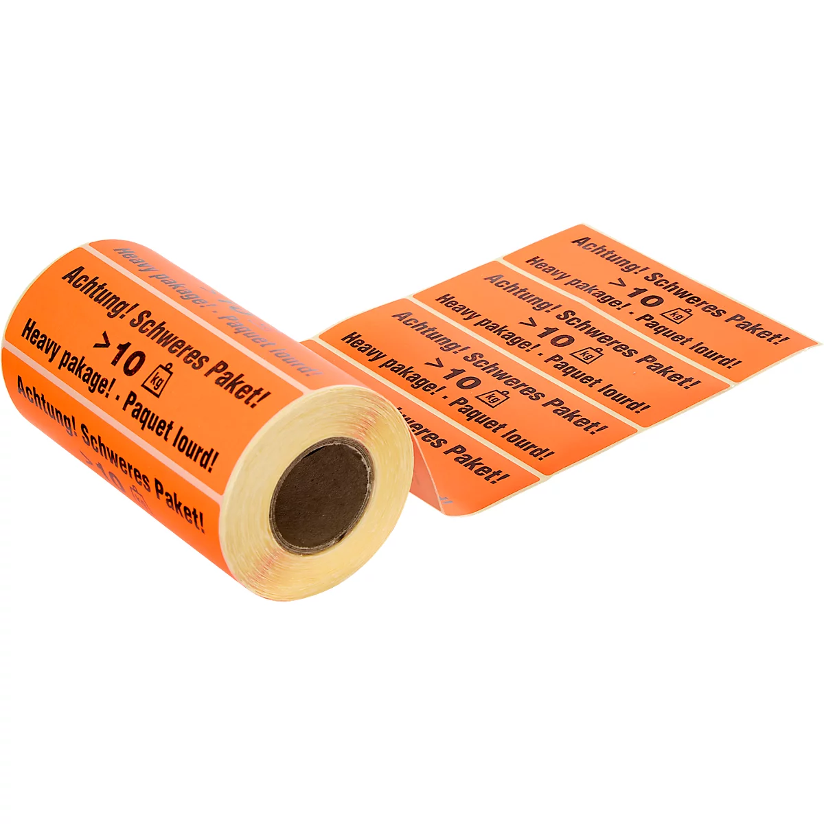 Etiquettes d'avertissement 'Attention ! colis lourds &gt;10 KG', en 3 langues, 149 x 48 mm, perforées, papier adhésif, rouge vif avec impression noire, 1 rouleau de 500 unités