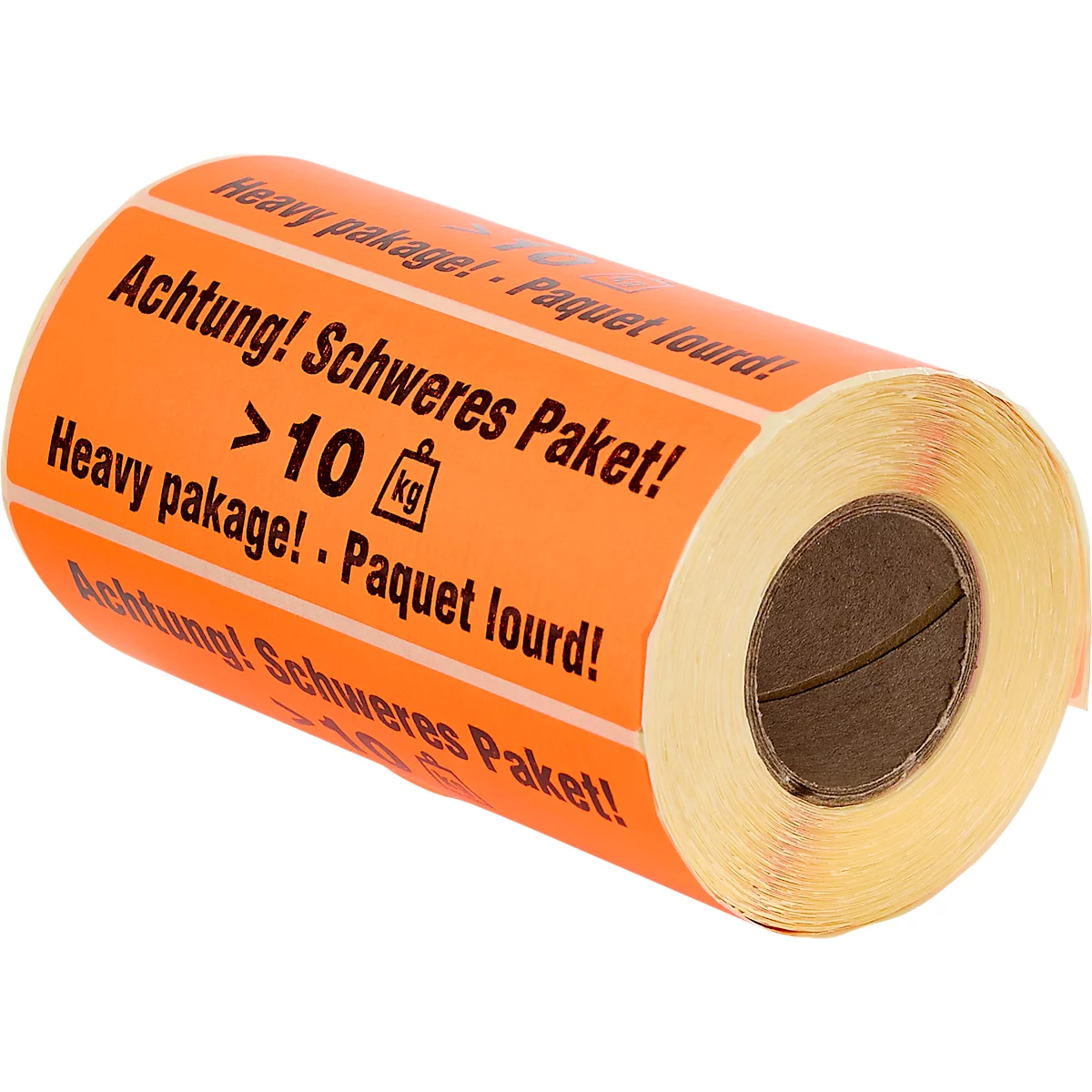 Etiquettes d'avertissement 'Attention ! colis lourds &gt;10 KG', en 3 langues, 149 x 48 mm, perforées, papier adhésif, rouge vif avec impression noire, 1 rouleau de 500 unités