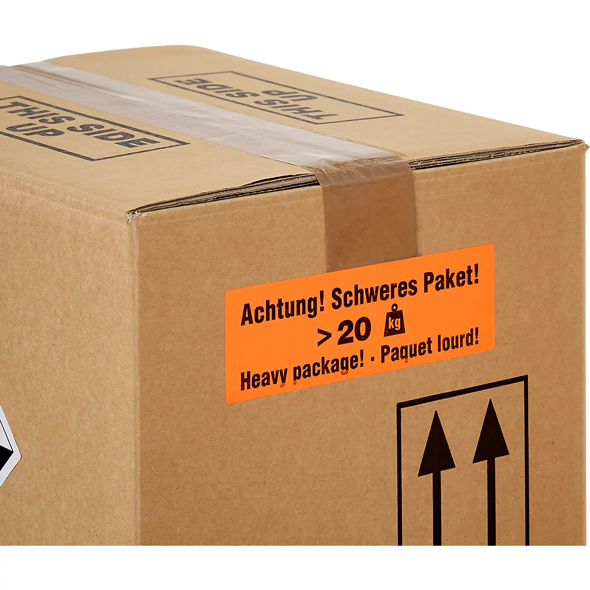 Etiquettes d'avertissement "Attention ! colis lourds &gt;20 KG", en 3 langues, 149 x 48 mm, perforées, papier adhésif, rouge vif avec impression noire, 1 rouleau de 500 unités