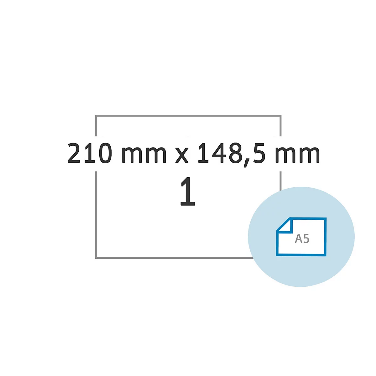 Rectangle avec texte : 210 mm x 148,5 mm, 1, et un graphique rond avec un symbole de papier A5.