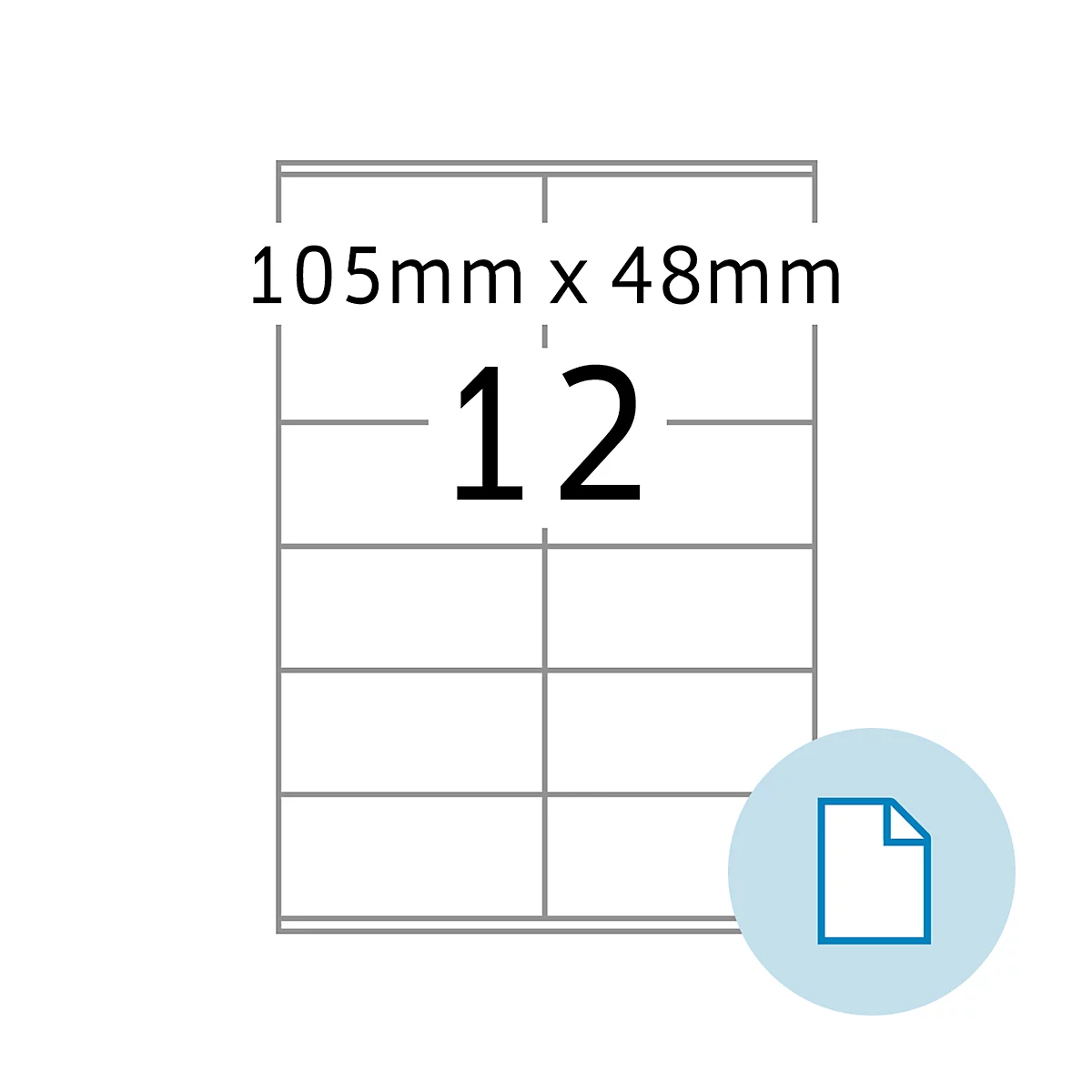 Étiquette avec 12 champs, informations de taille : 105 mm x 48 mm.