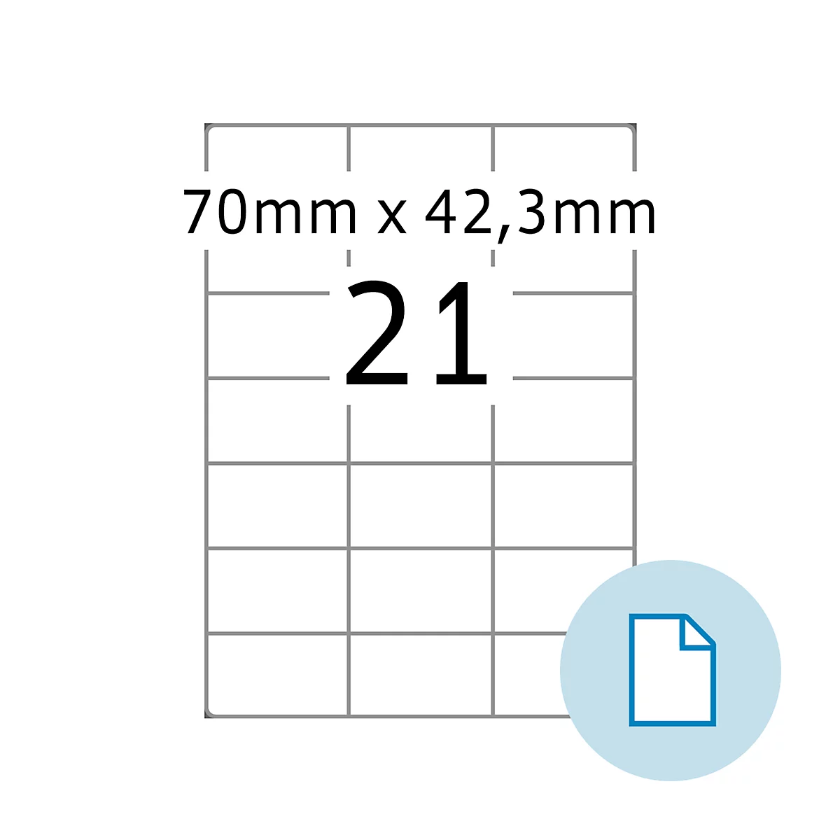 Étiquettes avec l'inscription 21. Au-dessus, il y a 70 mm x 42,3 mm. À droite, un symbole de document bleu.