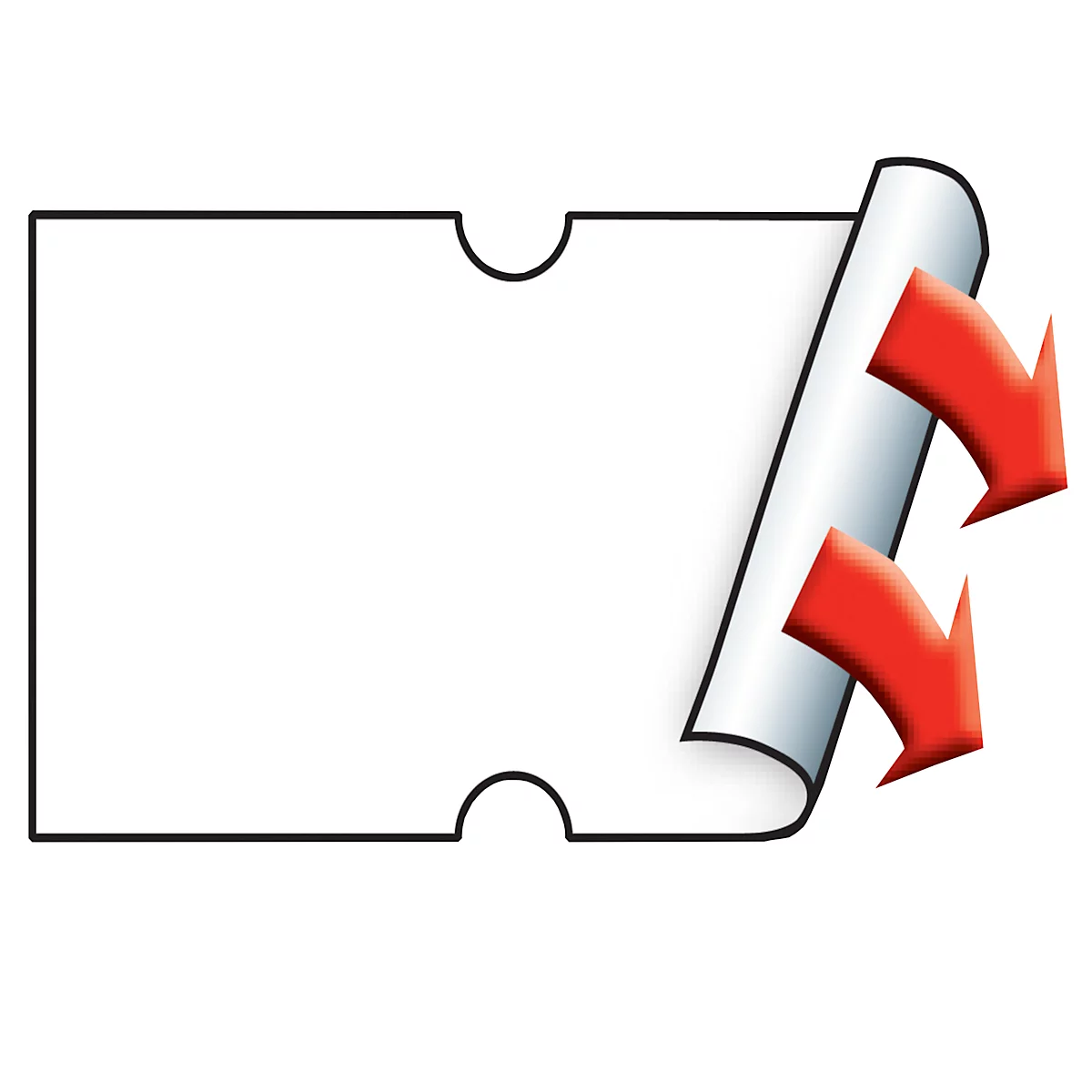 Autocollant rectangulaire blanc, partiellement décollé, avec des flèches indiquant le pelage.