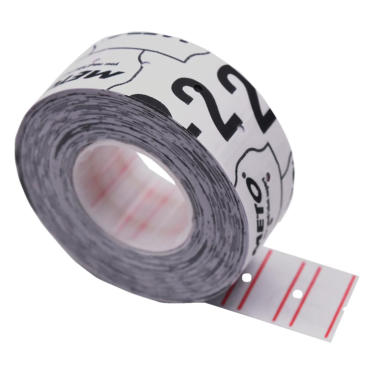 Un rouleau d'étiquettes avec texte noir et lignes rouges.