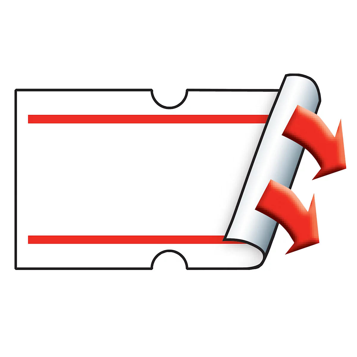 Autocollant rectangulaire blanc avec coins arrondis, ligne rouge et flèches indiquant le pelage.