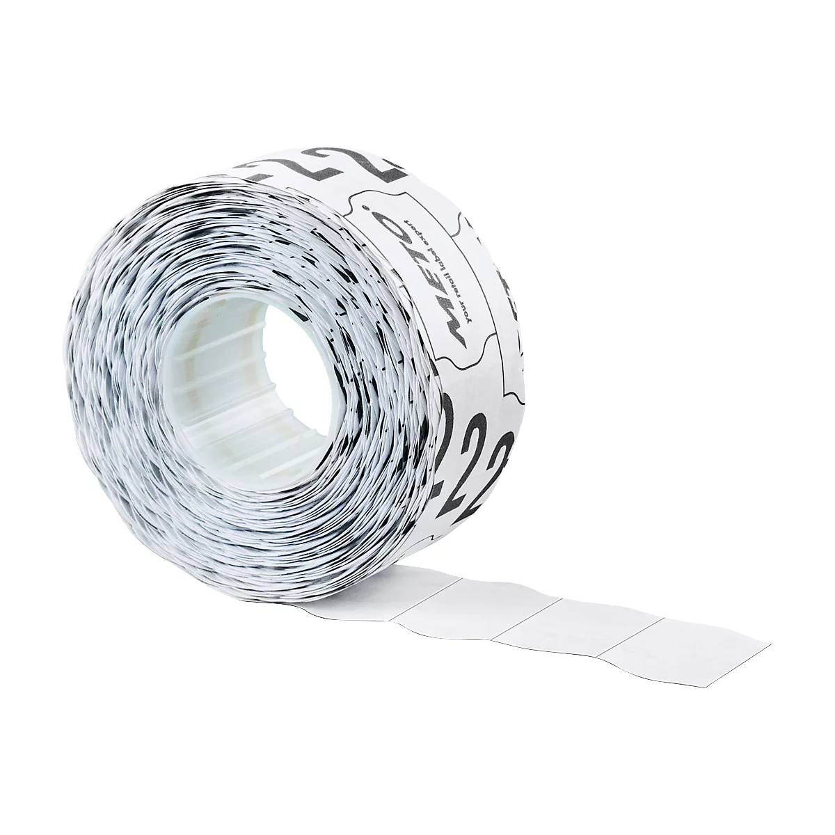 Rouleau d'étiquettes enroulé avec des chiffres noirs et l'inscription Meto sur papier blanc. Une extrémité décollée se trouve devant.
