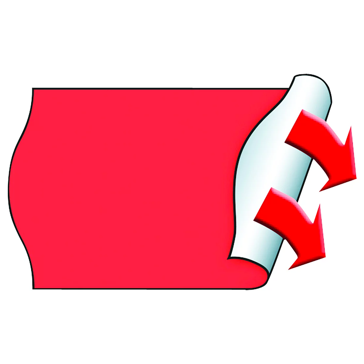 Feuille rouge enroulée, partiellement décollée. Des flèches rouges indiquent la direction.