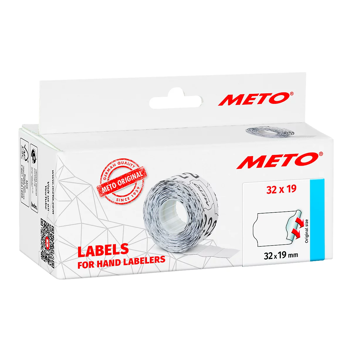 Rouleau d'étiquettes METO blanches emballé dans une boîte. Imprimé: METO, Labels for Hand Labelers.