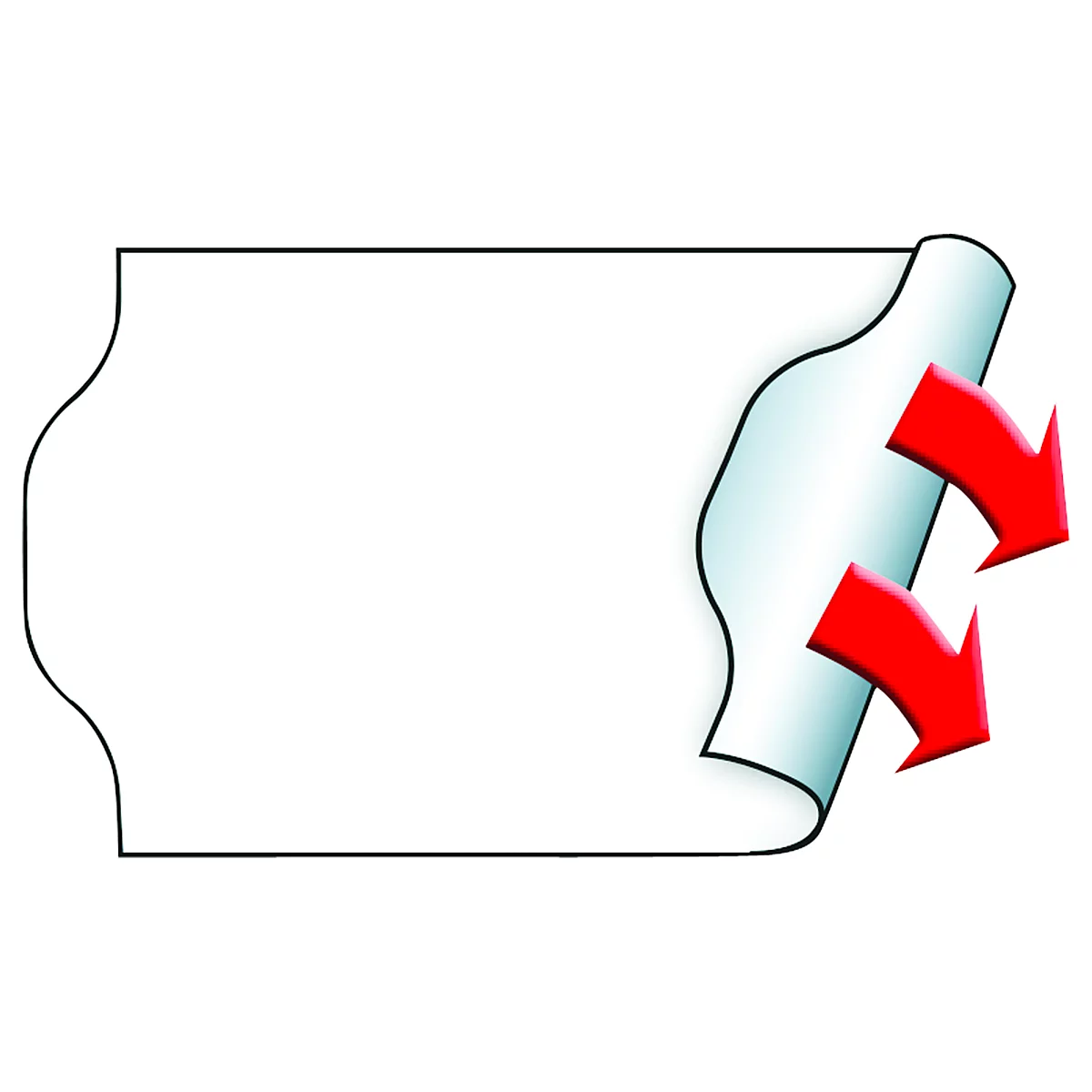 Sur fond blanc, une étiquette rectangulaire blanche aux bords arrondis, dont le coin supérieur se soulève. Deux flèches rouges indiquent le mouvement.