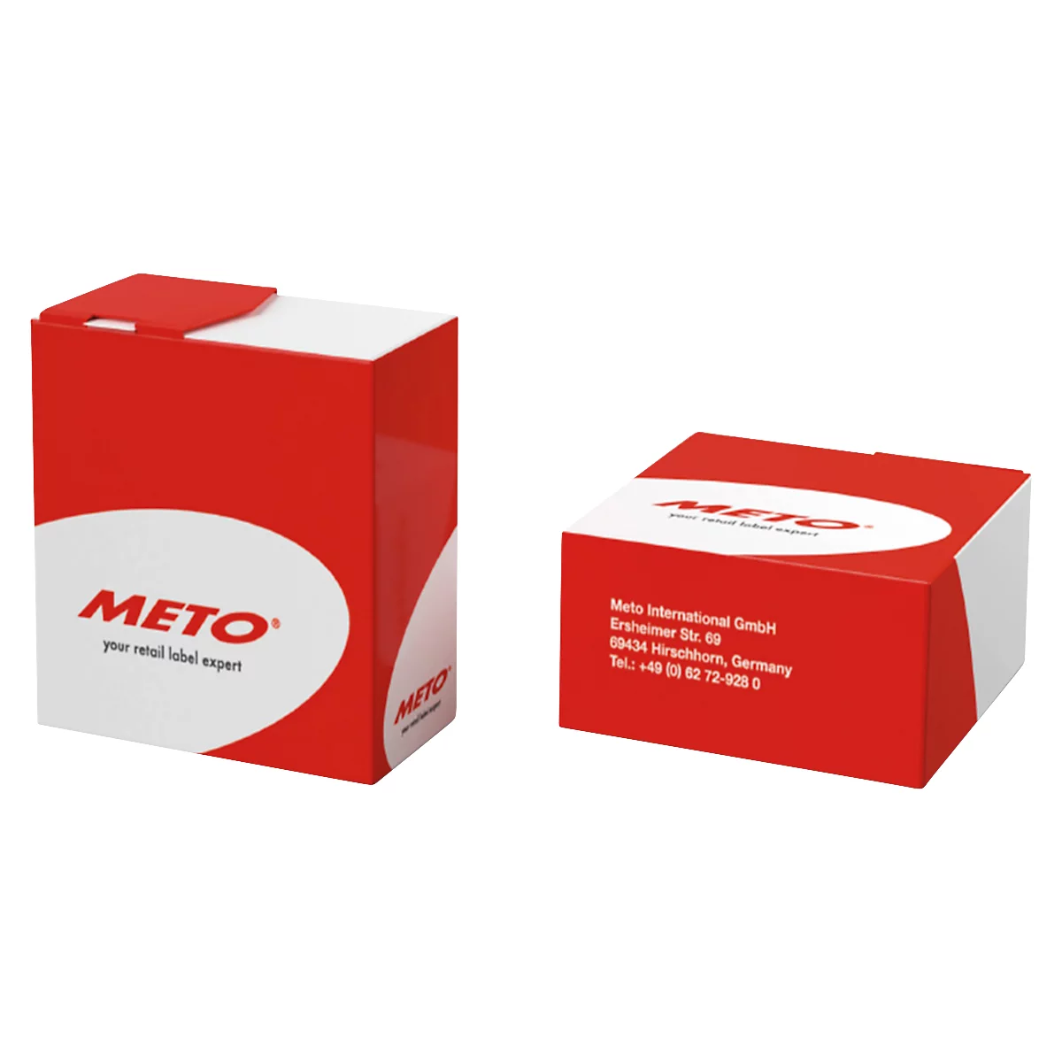 Deux boîtes METO rouges et blanches. Les deux ont des logos et des textes imprimés.
