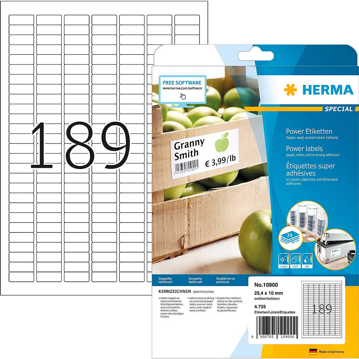 Étiquettes de puissance HERMA 10900, 25,4 x 10 mm, 4725 étiquettes / 25 feuilles A4, adhésives, très adhésives, blanches