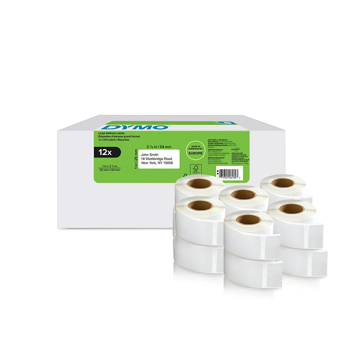 Étiquettes de retour Dymo® 2177563, 25 x 54 mm, adhésif permanent, papier, blanc, 12 rouleaux de 500 unités