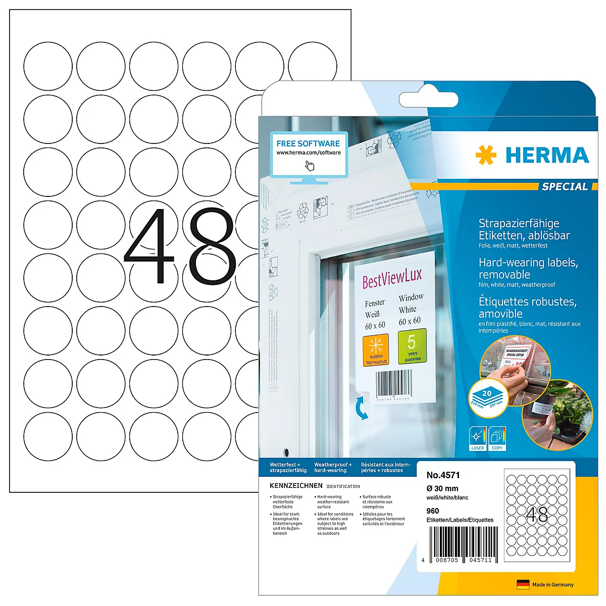 Feuille de 48 étiquettes rondes et emballage avec informations sur le produit.