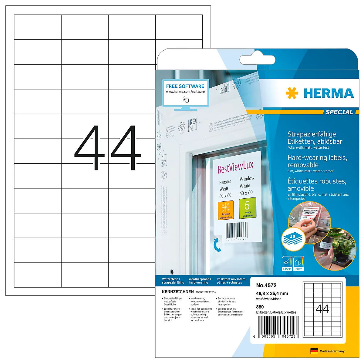 Paquet d'étiquettes avec l'impression '44'. Inscription: 'HERMA SPECIAL'.