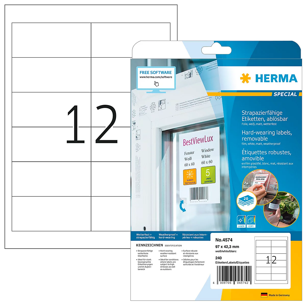 Feuille d'étiquettes à côté de l'emballage. Le chiffre 12 est sur les étiquettes. Emballage avec image du produit et lettrage : HERMA SPECIAL.