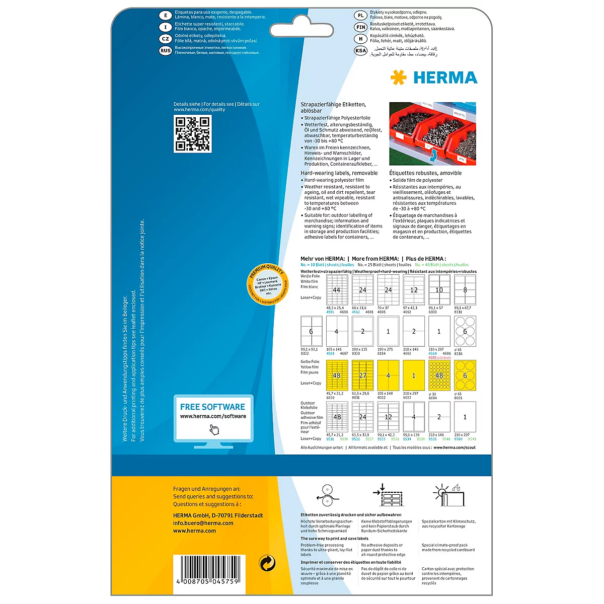Sur fond blanc, on aperçoit des feuilles d'étiquettes et un emballage produit. On peut lire sur l'emballage “HERMA SPECIAL” et “Étiquettes résistantes, amovibles”.