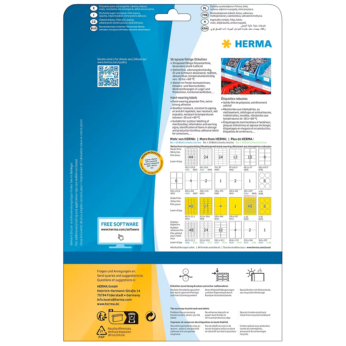 Emballage bleu pour étiquettes auto-adhésives de différents formats. Code QR en haut à gauche, exemples de produits au centre, logo de la marque à droite, texte en bas.