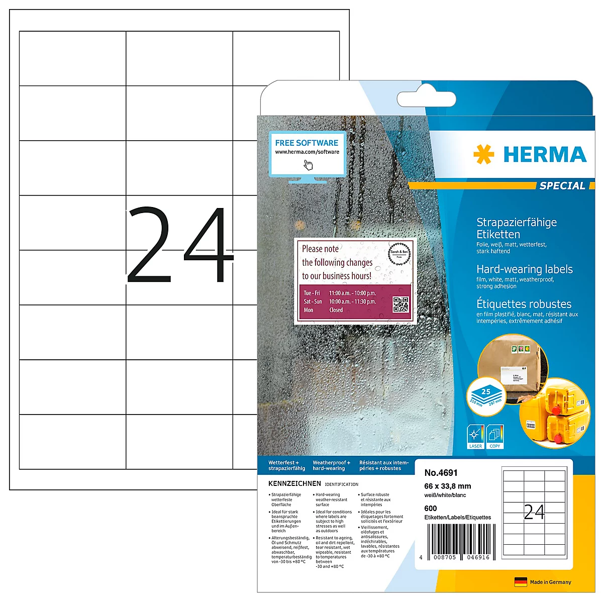 Feuille d'étiquettes avec 24 étiquettes rectangulaires, à côté de l'emballage avec le logo Herma et des informations.
