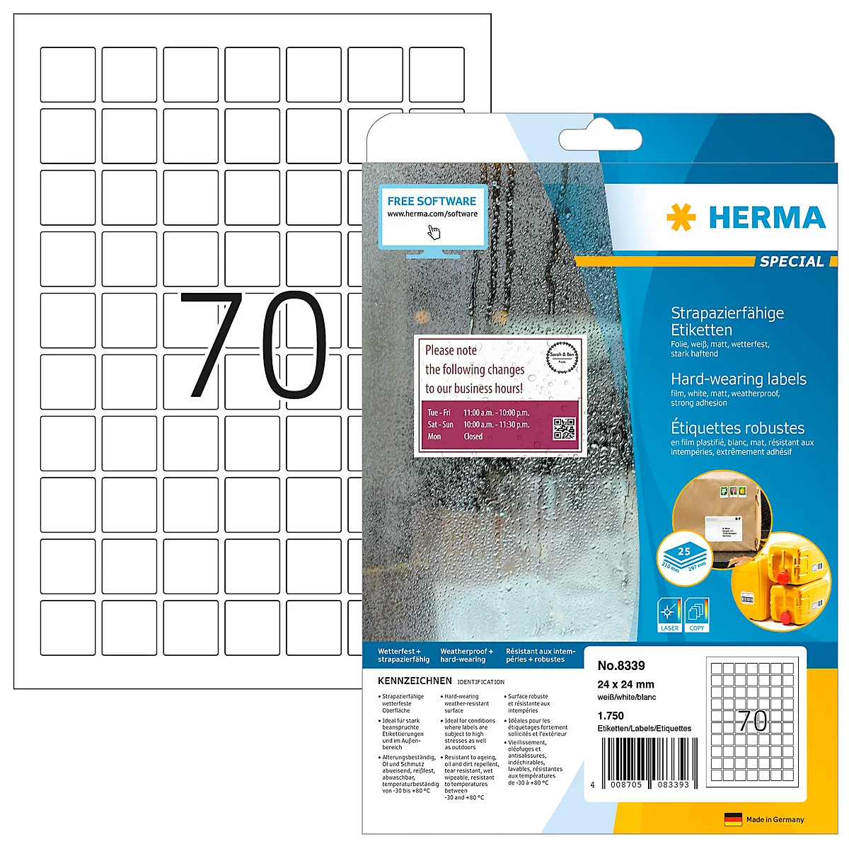 Une feuille d'étiquettes avec le numéro 70 et un emballage avec le logo Herma. L'emballage indique des étiquettes résistantes.