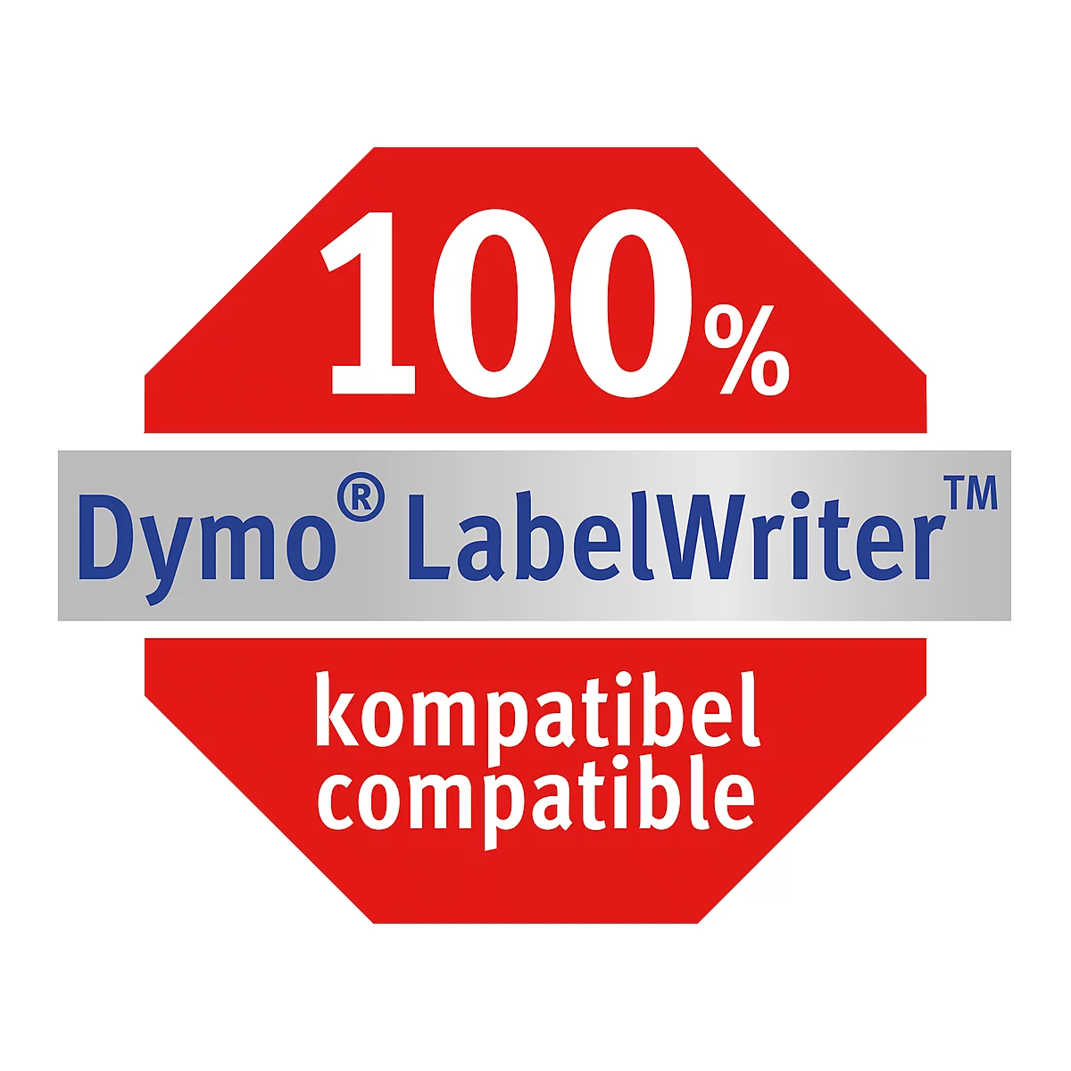 Logo avec fond rouge, 100%, Dymo LabelWriter, compatible.