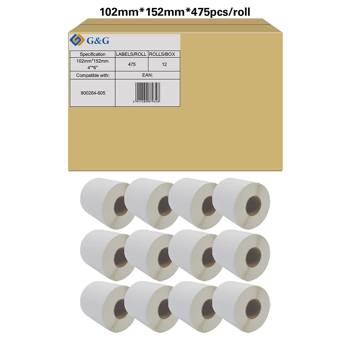 Emballage du produit avec des rouleaux d'étiquettes, étiqueté avec des spécifications techniques et un code-barres. En dessous, 12 rouleaux d'étiquettes.