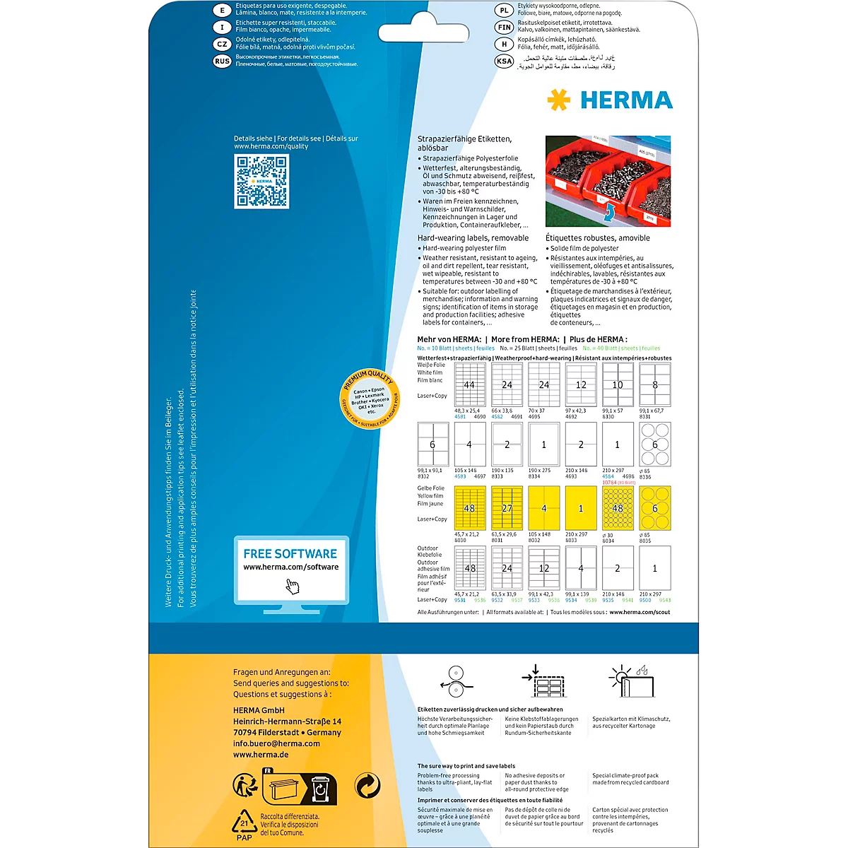 Étiquettes HERMA 4577, 210 x 297 mm, 20 pièces, sur DIN A4, résistantes aux intempéries, autocollantes, fortement adhésives, film polyester, blanc mat